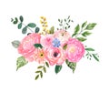 Watercolor floral arrangement with pretty pink flowers and greenery. Hand drawn spring blossom illustration