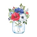 Watercolor floral arrangement with hand painted red, white and navy blue flowers and green leaves. Botanical illustration Royalty Free Stock Photo