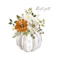 Watercolor floral autumn bouquet. Pastel pumpkin and flowers arrangement in rustic style Royalty Free Stock Photo