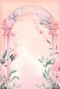 Watercolor floral background with arch, flowers and leaves. Illustration