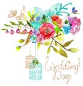 Watercolor Floral background with bird cages for beautiful design