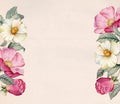 Watercolor floral background with camellia and rose hip. Banner with place for text. Botanical illustration on vintage Royalty Free Stock Photo
