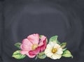 Watercolor floral background. Camellia and rose hip flowers. Black chalkboard with place for text. Realistic bouquet
