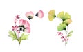 Watercolor floral background. Horizontal card template with place for text. Transparent tulip flowers and gingko leaves