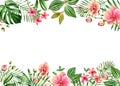 Watercolor floral background. Horizontal frame with place for text. Floral borders on top and bottom. Red orchid flowers Royalty Free Stock Photo