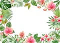 Watercolor floral background. Horizontal frame with place for text. Orange orchid flowers and palm leaves. Hand painted Royalty Free Stock Photo