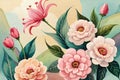 watercolor floral background pattern of elegant painting of watercolor flowers in pastel orange, pink and cream yellow colors