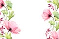 Watercolor floral background with place for text. Transparent poppies. Isolated hand drawn borders with big flowers and Royalty Free Stock Photo