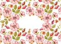 Watercolor floral background. Shabby rose flowers with oval place for text. Pink rose hip fruits, briar, leaves on white