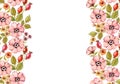 Watercolor floral background. Shabby rose flowers on the sides with place for text. Pink rose hip fruits, briar, leaves
