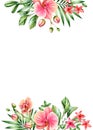 Watercolor floral background. Vertical A5 card template and place for text. Orange orchid flowers and palm leaves. Hand Royalty Free Stock Photo