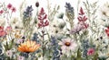 Watercolor floral background with wildflowers. Hand drawn illustration. generative ai Royalty Free Stock Photo