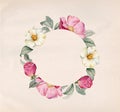 Watercolor floral banner with camellia and rose hip. Circular round frame on craft paper. Place for text. Realistic