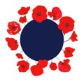 Watercolor floral banner with hand painted red poppies on white background. Round frame template with space for text. memorial day