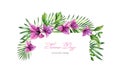 Watercolor floral banner. Horizontal frame with place for text. Vibrant purple bougainvillea flowers and palm leaves