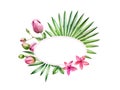 Watercolor floral banner. Oval frame with place for text. Pink orchid flowers and palm leaves. Hand painted tropical Royalty Free Stock Photo