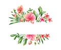 Watercolor floral banner. Pink orchids and palm leaves arrangement. Horizontal frame with place for text. Hand painted