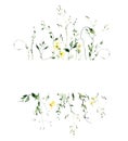 Watercolor floral border frame on white. Yellow, blue growing wild flowers, green herbs, leaves and twigs.