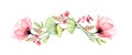 Watercolor floral border. Horizontal design element. Two big poppy flowers with exotic fresia and gingko isolated on