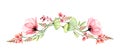 Watercolor floral border. Long horizontal design element in arch shape. Two big poppy flowers with exotic fresia and