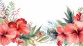 Watercolor Floral Border: Red And Green Hibiscus In Soft And Dreamy Style