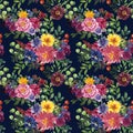 Watercolor floral seamless pattern in vintage retro style. Botanical print. Beautiful red and yellow flowers on blue background Royalty Free Stock Photo