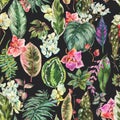 Watercolor floral botanical tropical seamless pattern, orchid flowers