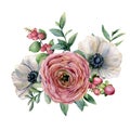 Watercolor floral bouquet with berries. Hand painted anemone, ranunculus, euvaliptus leaves and succulent branch