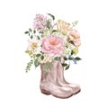 Watercolor floral bouquet in garden boots. Beautiful lilac flowers, hydrangea, peony, greenery. Hand painted illustration