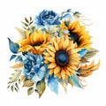 Watercolor Floral Bouquet With Blue And Yellow Roses And Sunflowers