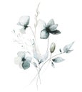 Watercolor floral bouquet. Delicate blue, gray poppy, chamomile, pansies, spikelets, wild flowers, leaves and branches.