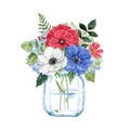 Watercolor floral bouquet in a glass jar. Hand painted illustration. Red, white and blue flowers arrangement Royalty Free Stock Photo
