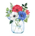 Watercolor floral bouquet in a glass jar. Hand painted illustration. Red, white and navy blue flowers, green leaves arrangement Royalty Free Stock Photo