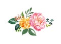 Watercolor floral arrangement with pink and orange peonies and green leaf on white background. Isolated flower bouquet