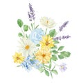 Watercolor floral bouquet illustration with ros and lavender, wildflowers, green leaves, for wedding stationery