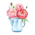 Watercolor Floral bouquet illustration in vintage style. Flowers set with blush pink and coral peonies