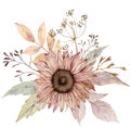 Watercolor floral bouquet. Sunflower, dill, fall leaves. Thanksgiving illustration. Harvest and fall concept.