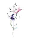 Watercolor floral bouquet on white background. Violet pansies, pink poppy, blue flowers, wild herbs, twigs with leaves