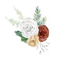 Watercolor floral bouquet. White, golden and red rose, fir branch, pampas grass, wild flower. Royalty Free Stock Photo