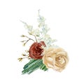 Watercolor floral bouquet. Wild floral boho golden and red rose, fir branch, pampas grass.