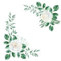 Watercolor floral bouquets, corners - illustration with white roses, gypsophila and rustic greenery, pistachio and olive