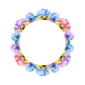 Watercolor Floral Bouquets Of Viola Pansies Of Pink, Violet, Blue And Yellow Colors On A White Background As Circle Frame.