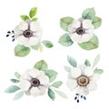 Watercolor floral boutonnieres with anemones and eucalyptus leaves