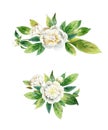 Watercolor floral boutonnieres with white peonies and green leaves