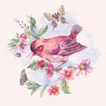 Watercolor floral card, bird on a blooming branch