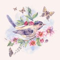 Watercolor floral card, bird on a blooming branch