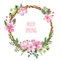 Watercolor floral cherry blossom and greenery wreath with pink flowers and green leaves . Round frame and forest plants branches