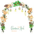 Watercolor floral Christmas arch with hanging lamps for holiday design