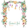 Watercolor floral Christmas arch with hanging lamps for holiday design