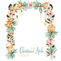 Watercolor floral Christmas arch with hanging lamps for holiday design